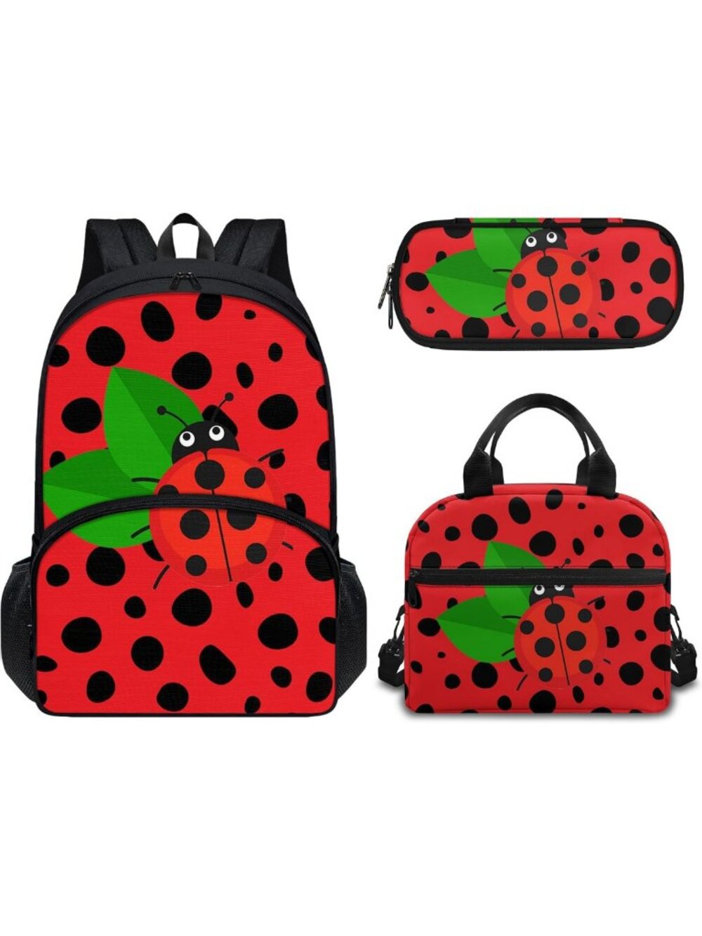 Cute Red Ladybug Polka Dot 3-Piece Backpack Set for Girls - School Bookbag